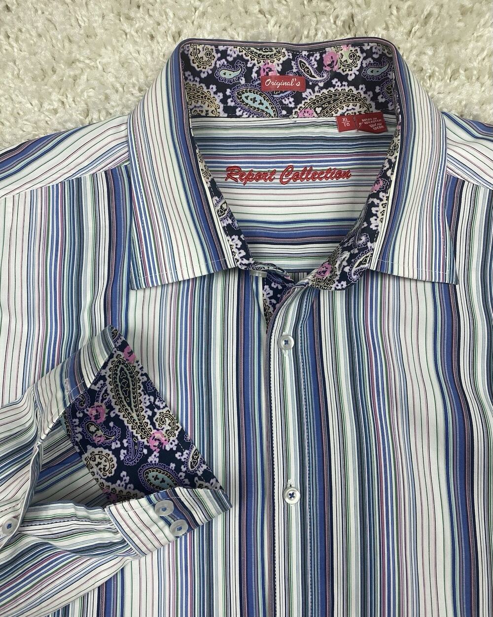 Report Collection Flip Cuff Shirt Mens XL Blue Purple Striped Paisley Contrast